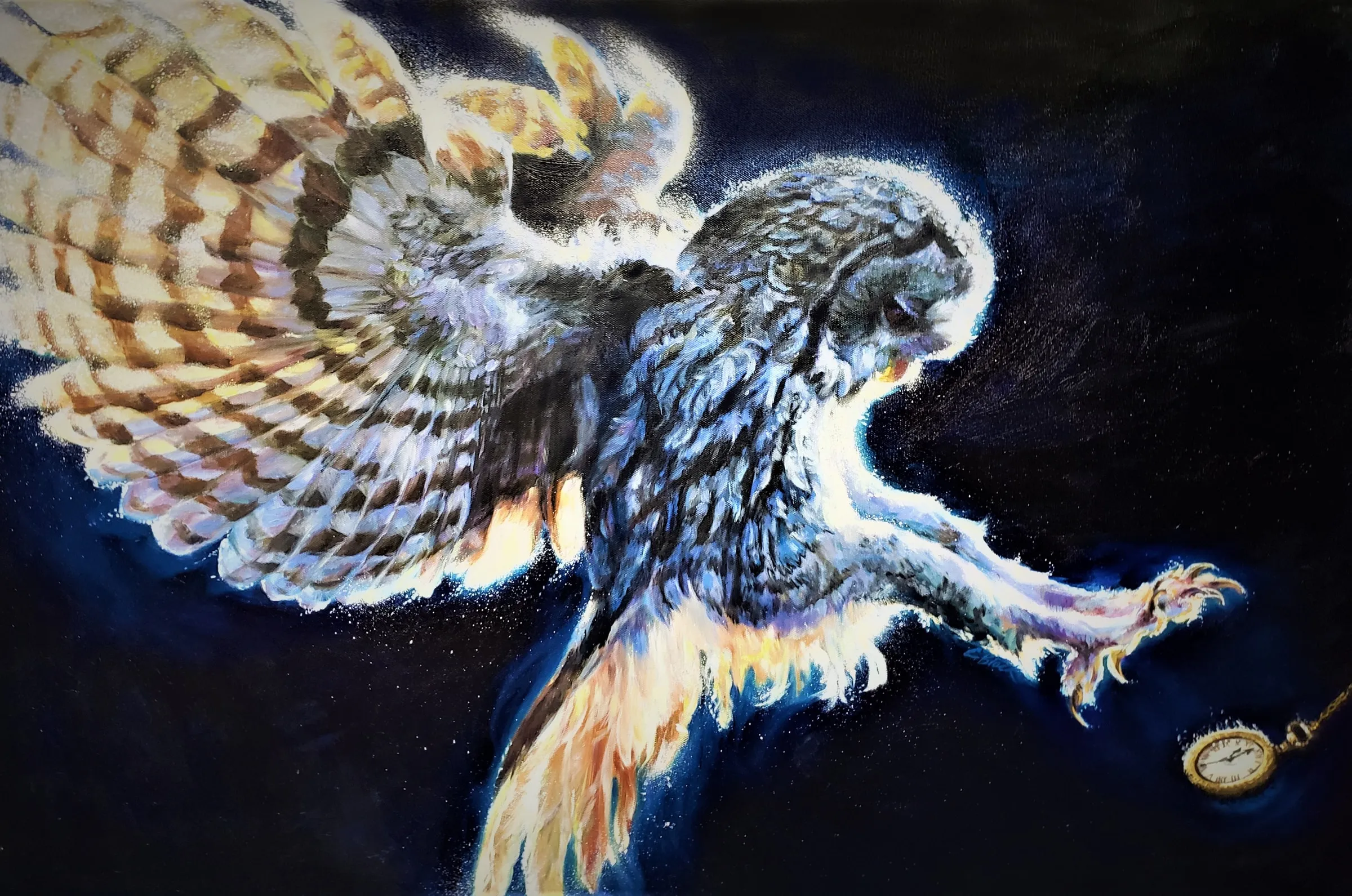 Chasing Time, oil painting by Colleen Black, a barn owl with spread wings reaching for a pocket watch
