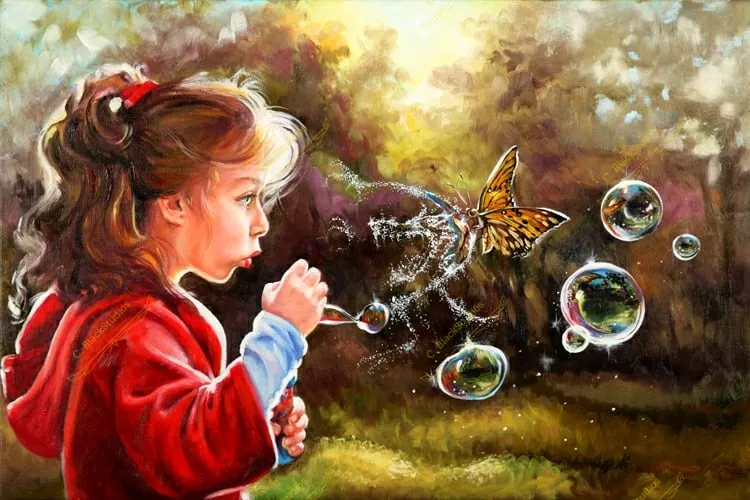 Intuition Changes Everything, oil painting by Colleen Black, a girl in a red hooded jacket blowing bubbles beside a butterfly